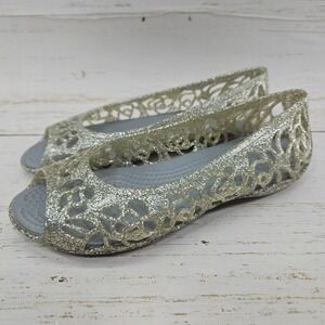 Crocs Isabella‎ Jelly Flats Junior Size J1 Sliver Glitter Open Toe